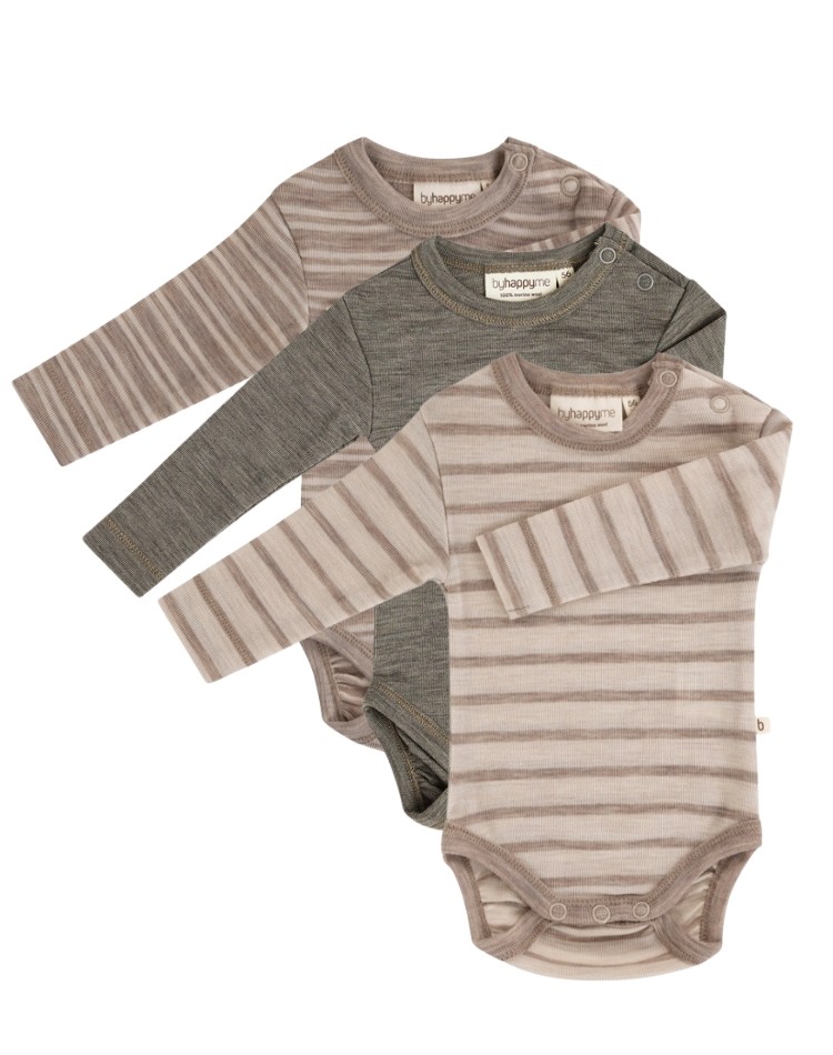 Body pour bébé à manches longues et encolure ronde en 100% laine mérinos biologique, Pack 3