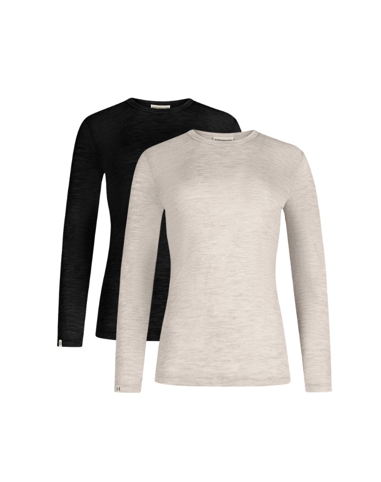 Langærmet t-shirt til dame i 100% merino uld, 1x1 rib, 2-pak
