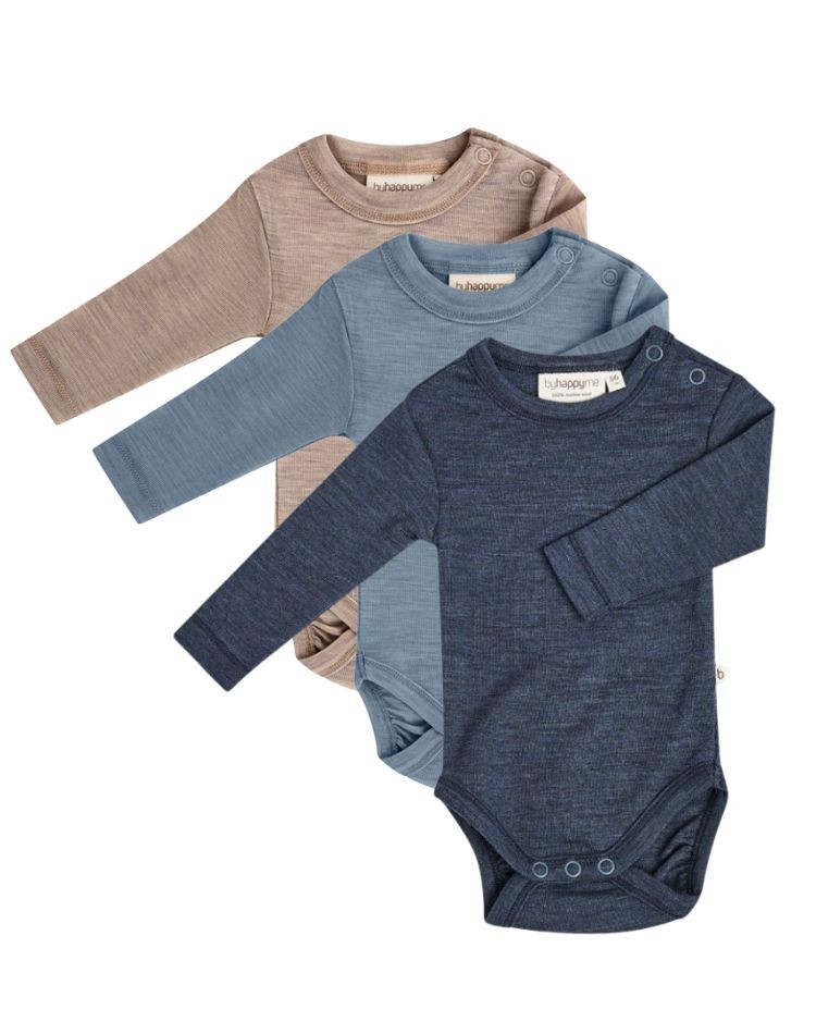Body med lang ærme og rund hals i 100% økologisk merino uld til baby, 3-pak