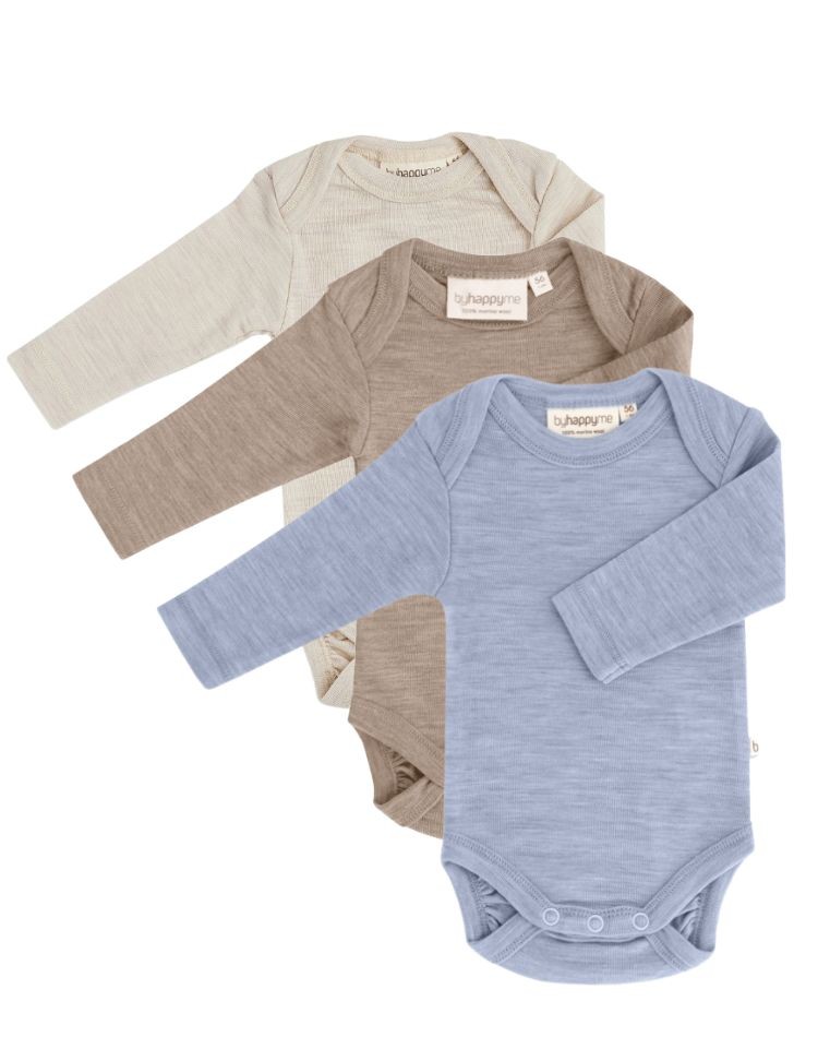Body med lang ærme og  amerikansk lukning til baby i 100% økologisk merino uld , 3-pak