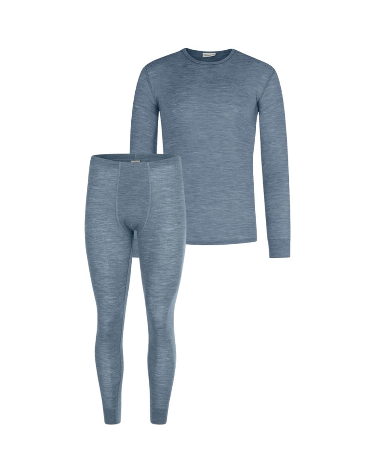 Herresæt i 100% merino uld – langærmet t-shirt og longjohns 1x1 rib