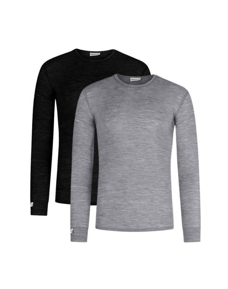 T-shirt homme manches longues en laine mérinos 100%, 1x1 côte, Pack 2