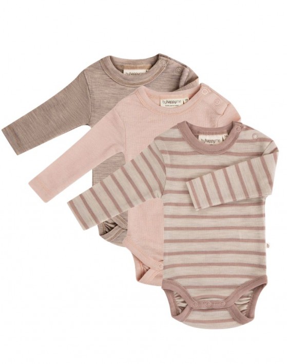 Babyrompertje met lange mouwen en ronde hals in 100% biologische merinoswol, 3-pack