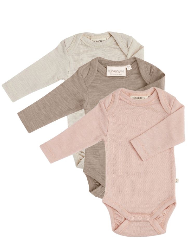 Babyrompertje met lange mouwen en amerikaanse sluiting voor in 100% biologische merinowol , 3-pack
