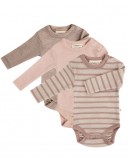 Babybody med lång ärm och rund halsringning i 100% ekologisk merinoull, 3-pack