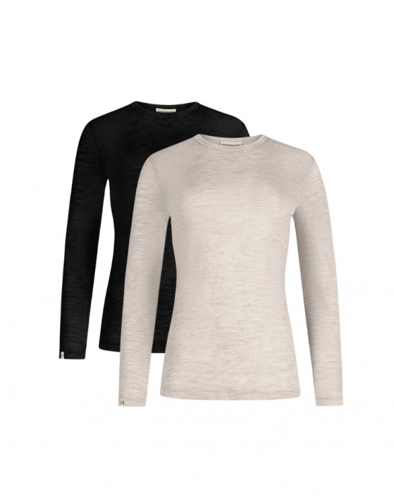 L/S T-shirt for women in 100% merino wool, 1x1 rib, 2-pack